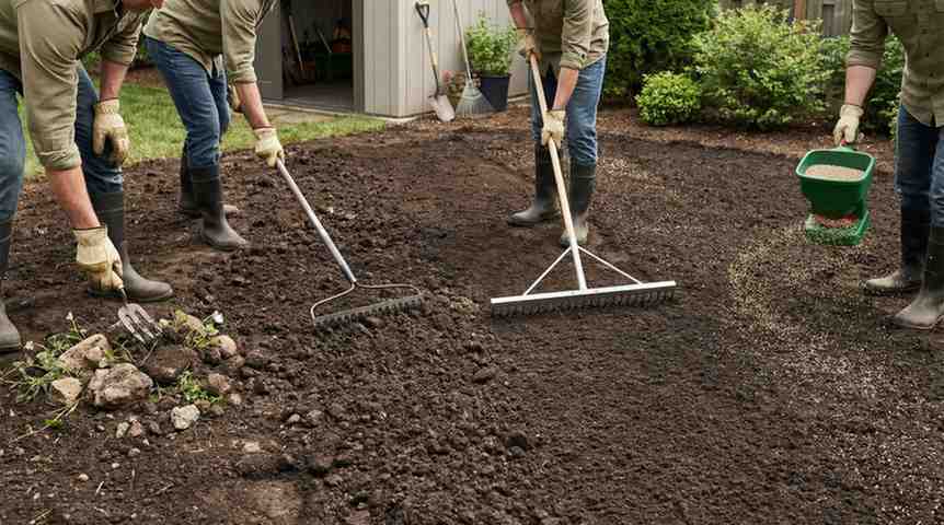 Soil preparation steps before planting grass seed showing debris removal, loosening topsoil, leveling surface, and applying fertilizer to reduce how long does scotts grass seed take to grow.