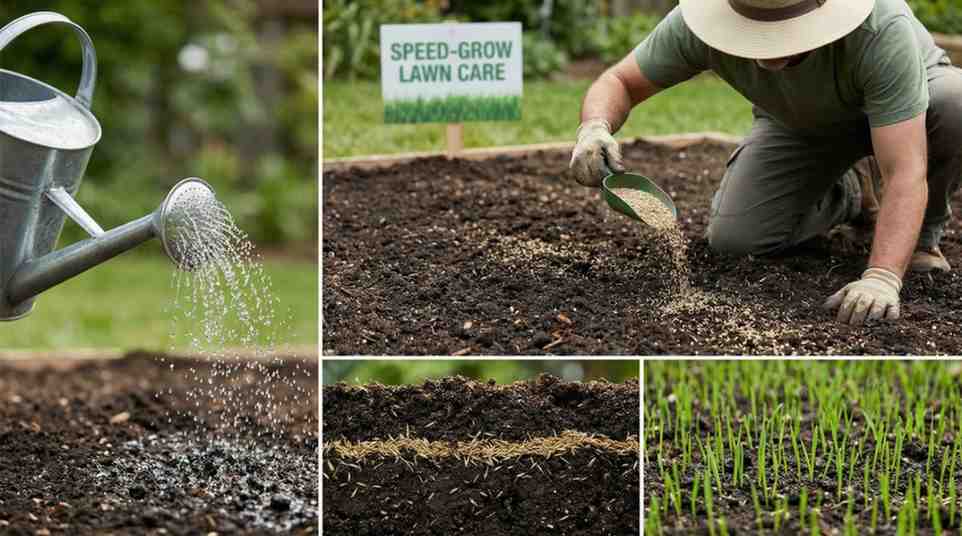 Ways to speed up Scotts grass seed growth showing proper seeding depth, watering, nutrient-rich soil, and healthy grass sprouts in a lawn.