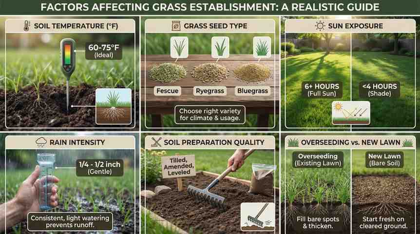 Infographic showing factors that influence how long to stay off lawn after seeding including soil temperature, grass type, rain, sun exposure, and soil preparation.