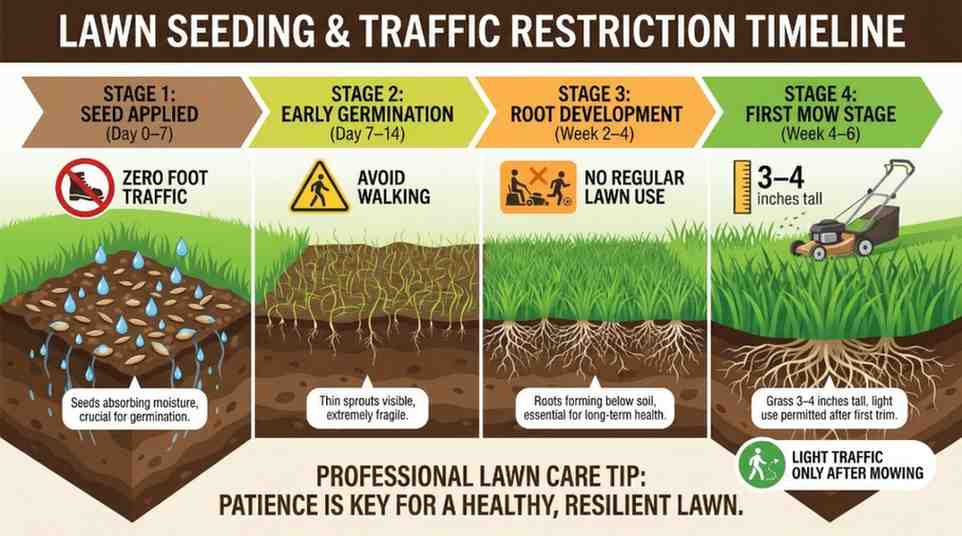 Infographic showing lawn seeding timeline and traffic restriction stages, illustrating how long to stay off lawn after seeding with roots, sprouts, and grass height.
