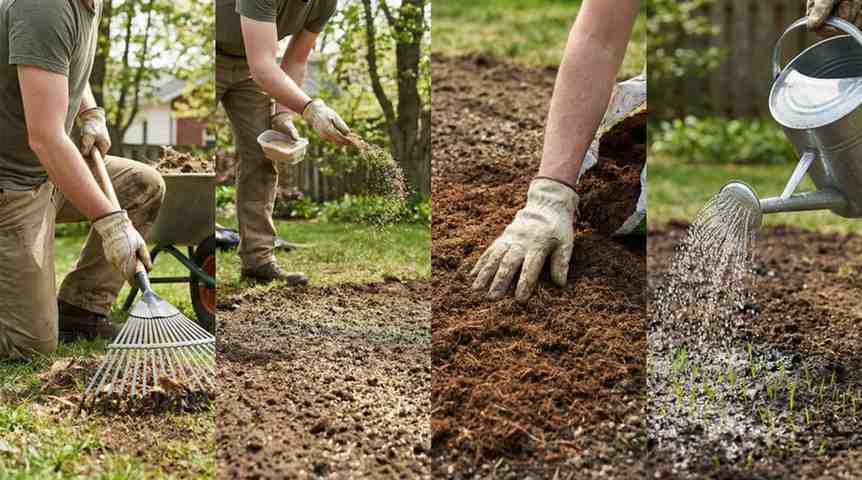 Soil and peat moss application steps showing lawn preparation, spreading grass seed, applying thin peat moss layer, and watering for healthy germination.