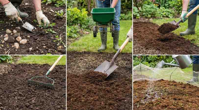 Step-by-step guide showing soil preparation, spreading grass seed, applying thin peat moss layer, and watering newly seeded lawn in one frame.