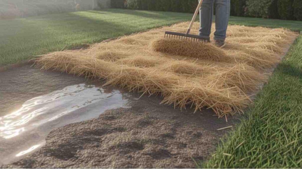 Proper straw coverage on sloped lawn showing how much straw to put on grass seed in rain-prone areas.