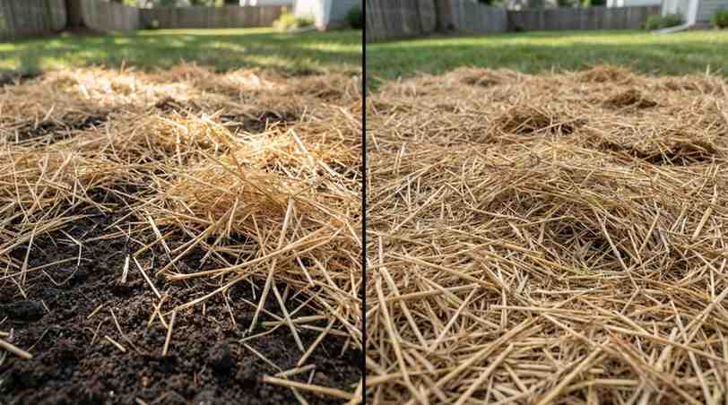 Proper vs excessive straw thickness showing how much straw to put on grass seed for healthy lawn germination.