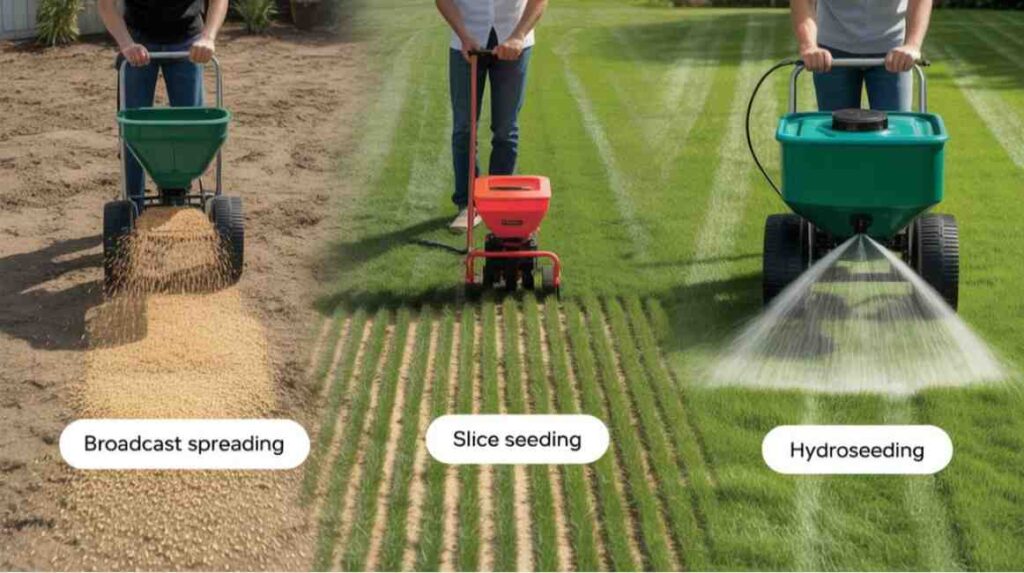 Different seeding methods showing how much to seed a lawn using broadcast, slice, and hydroseeding techniques.