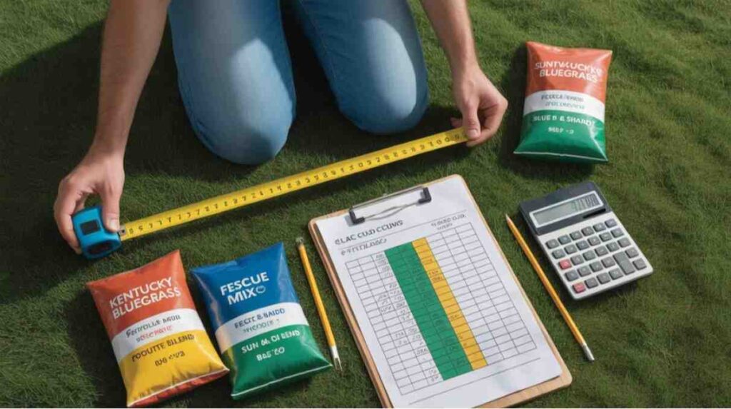 Step-by-step guide showing how much to seed a lawn with measuring tape, grass seed bags, and coverage chart.