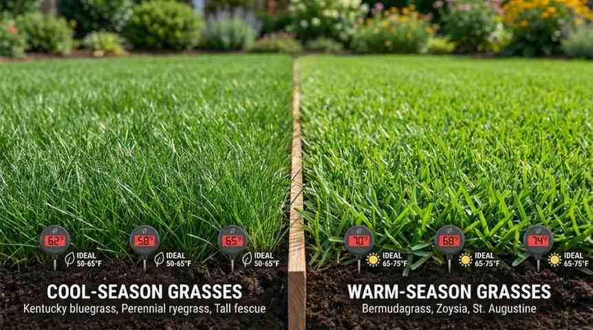 Comparison of cool-season and warm-season grasses showing ideal soil temperatures for planting, illustrating how warm should it be to plant grass seed.