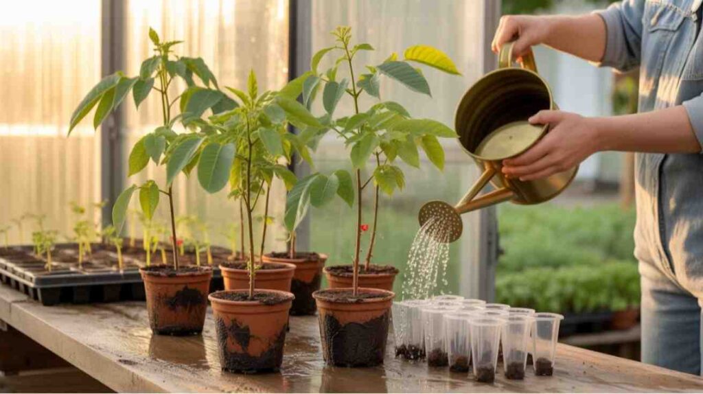 Young black walnut seedlings being watered and cared for under sunlight, showing proper growth for How to Germinate Black Walnut Seeds.