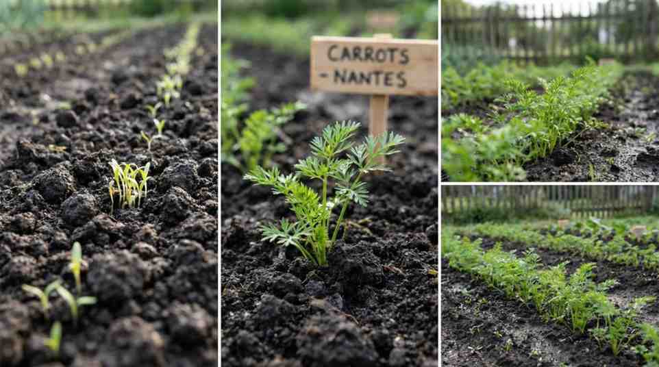 how to germinate carrot seeds fast showing carrot seeds sprouting in moist garden soil with small green seedlings.