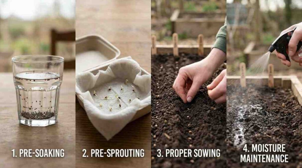 Step-by-step process to germinate carrot seeds fast showing seed soaking, pre-sprouting in paper towel, shallow planting in soil, and proper moisture maintenance.