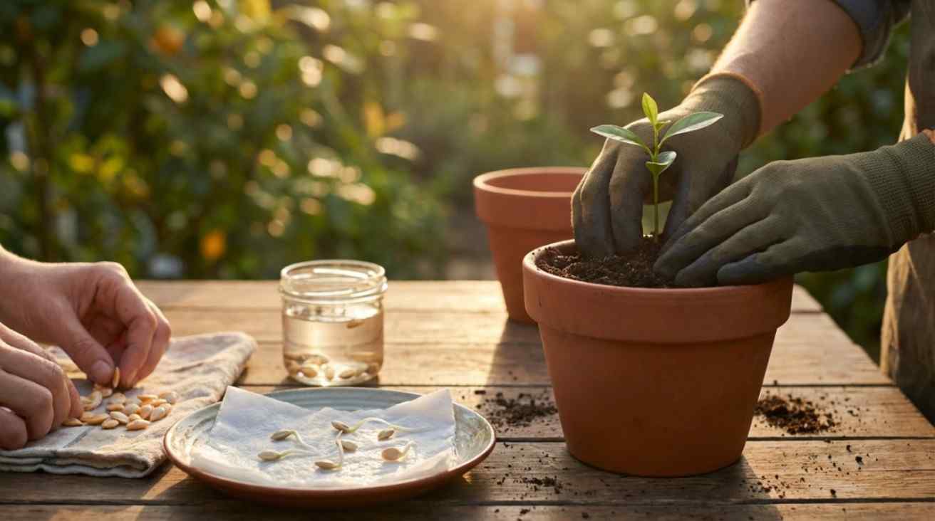 How to germinate mandarin seeds showing seed soaking, sprouting, and planting process for growing citrus seedlings at home.
