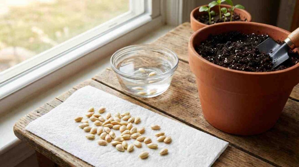 Ways to speed up mandarin seed germination showing fresh seeds, soaking method, warm environment, proper humidity, and well-draining soil for faster sprouting.