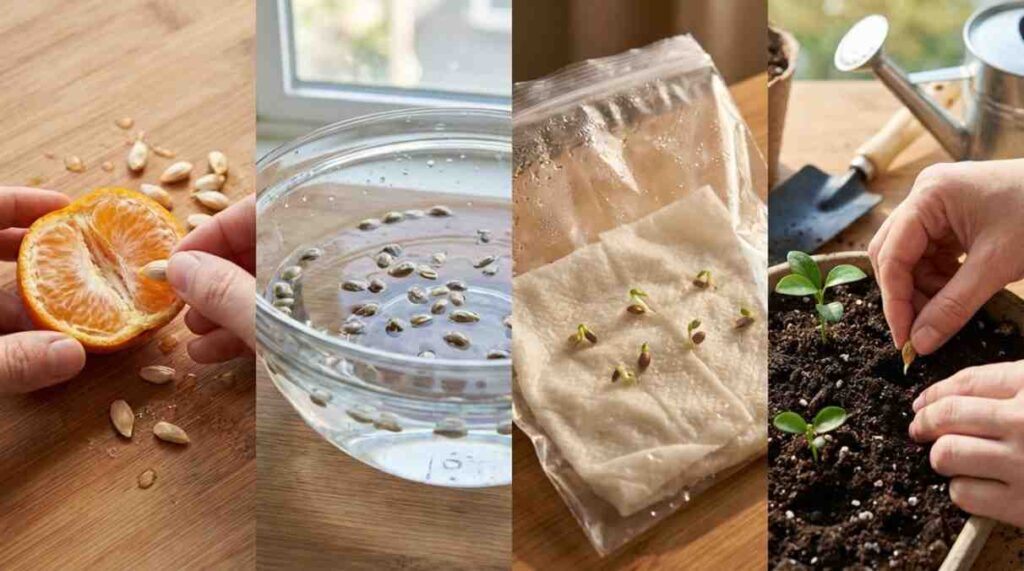 Step-by-step process showing how to germinate mandarin seeds including seed cleaning, soaking, paper towel sprouting, and planting in soil.