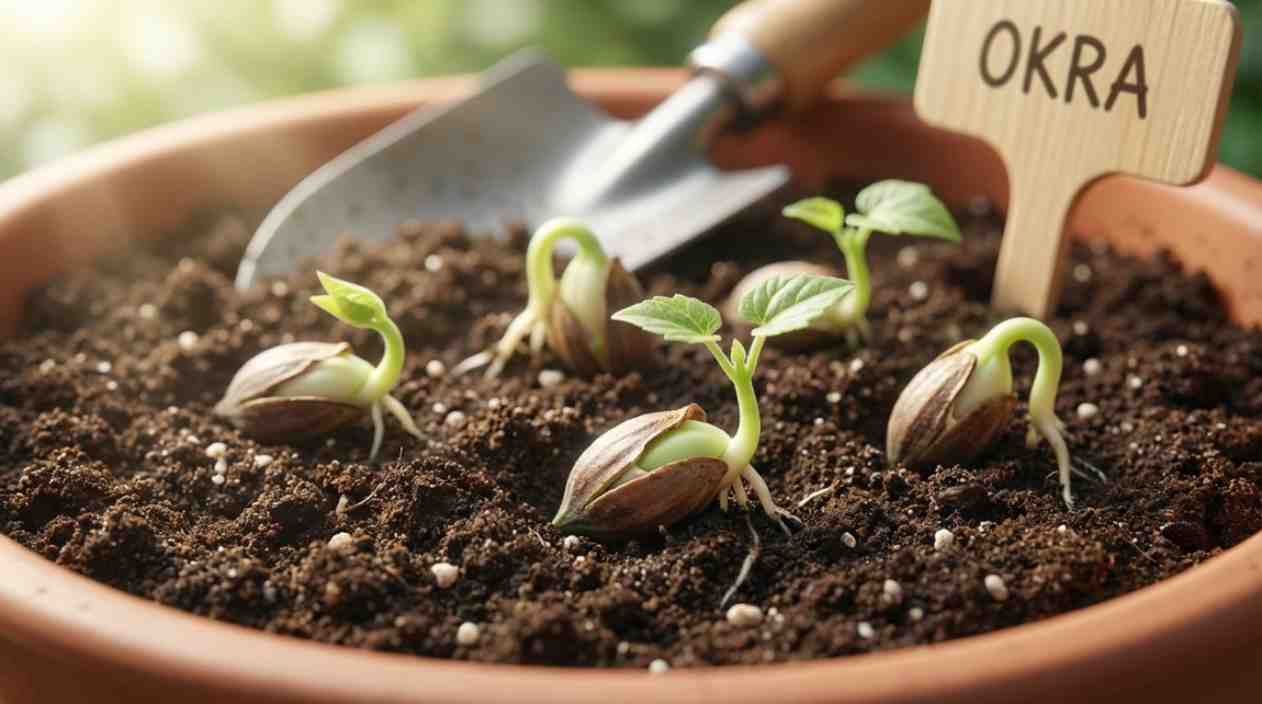 Okra seeds germinating in rich soil with small green seedlings emerging, realistic gardening scene for mobile-friendly display.