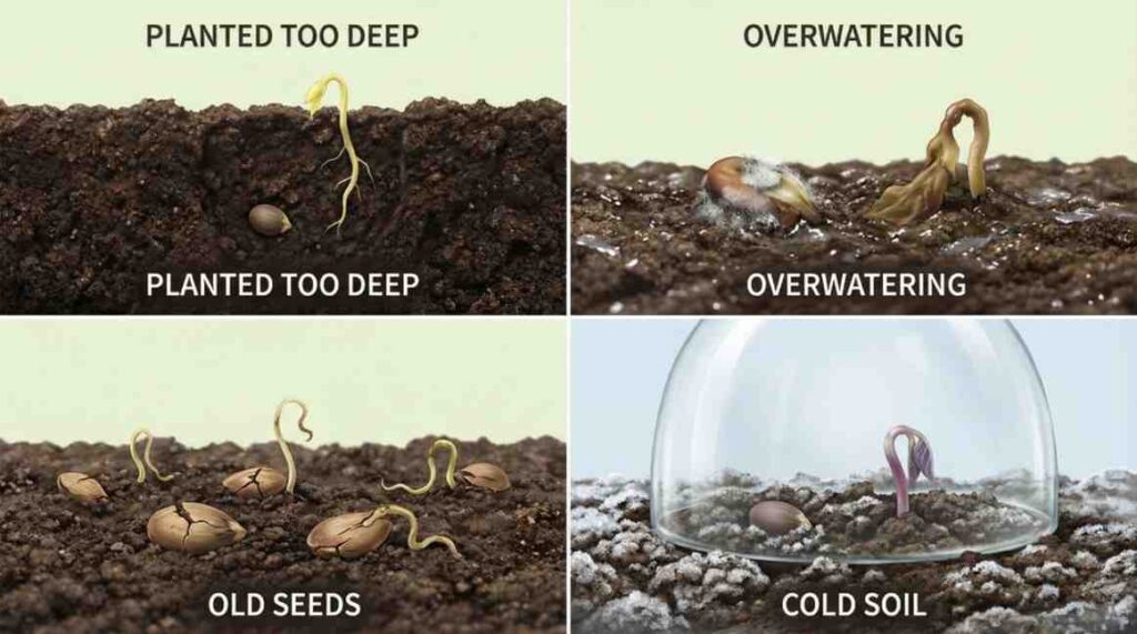Common mistakes in okra seed germination, showing seeds struggling in soil; visual guide on how to germinate okra seeds effectively.