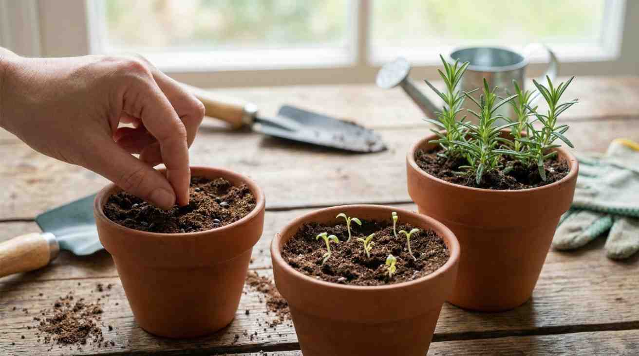 How to germinate rosemary seeds showing rosemary seeds sprouting in soil and early rosemary plant growth in natural garden setting.