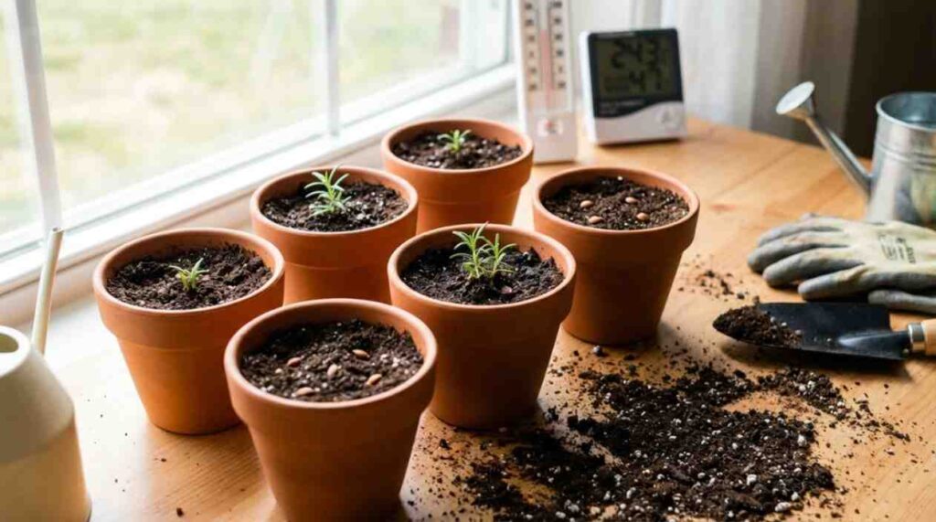Ideal conditions for rosemary seed sprouting showing how to germinate rosemary seeds in moist soil with proper light and temperature.