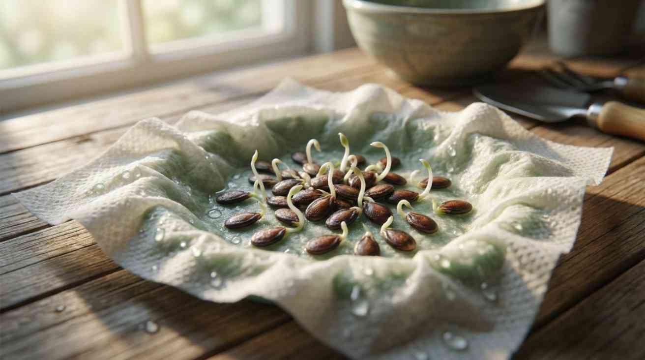 Step-by-step process showing watermelon seeds sprouting in moist paper towel, demonstrating how to germinate watermelon seeds in paper towel for faster growth.