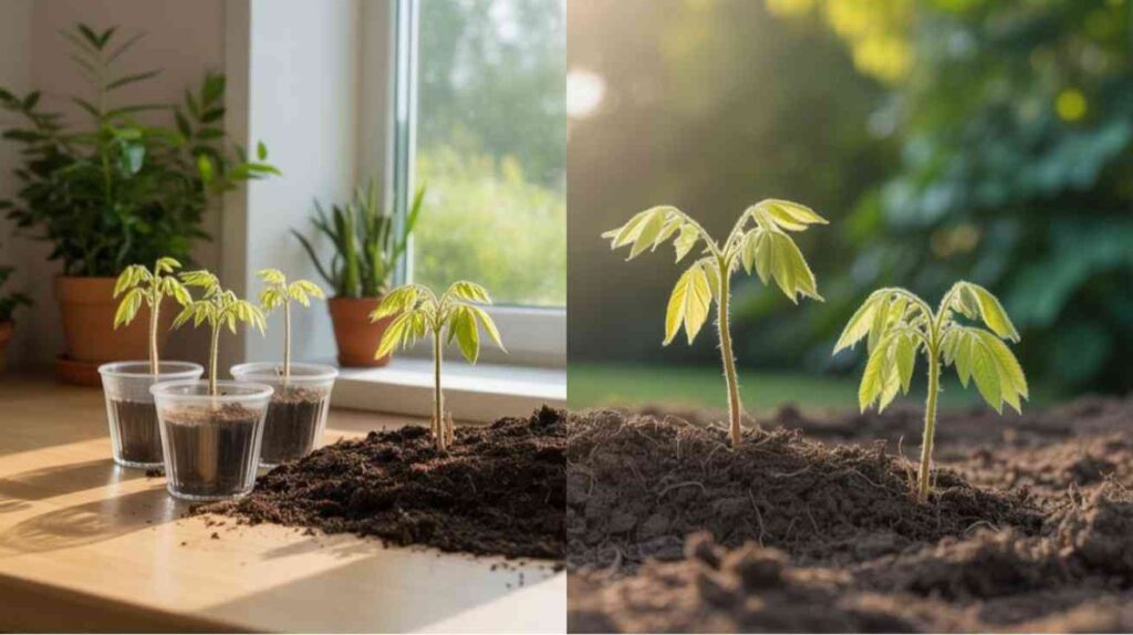 Indoor vs outdoor germination comparison showing how long wisteria seeds take to germinate under different growing conditions.