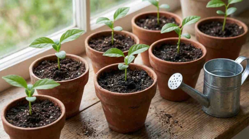 Caring for wisteria seedlings with proper watering, indirect light, and healthy young plants ready for transplanting.