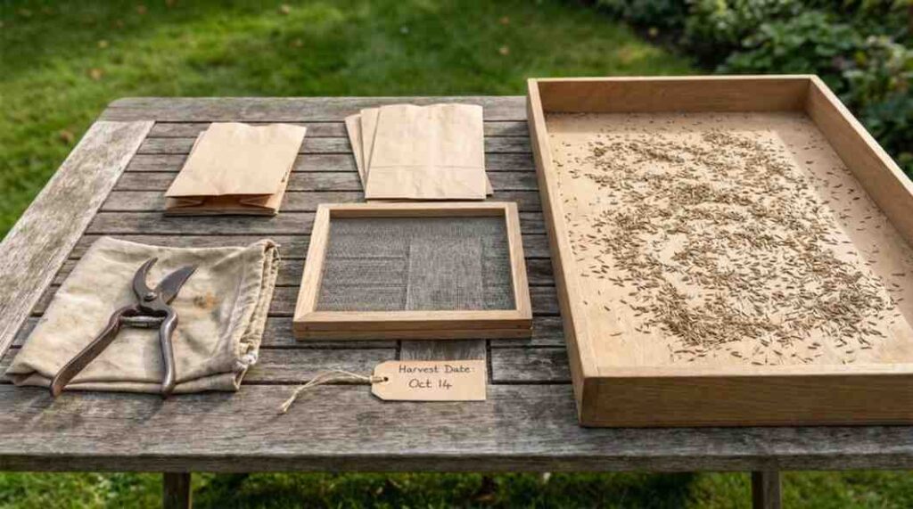 Tools required for how to harvest grass seed including shears, paper bags, mesh screen, and drying tray.