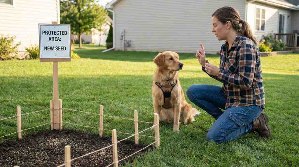 How to Keep Dog Off Grass Seed showing dog training near protected lawn and designated play area.