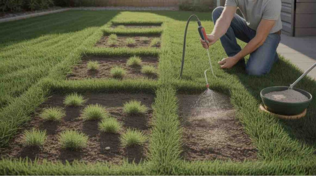 Homeowner troubleshooting patchy lawn areas while demonstrating how to plant bermuda grass from seed and improve drainage, sunlight, and watering.