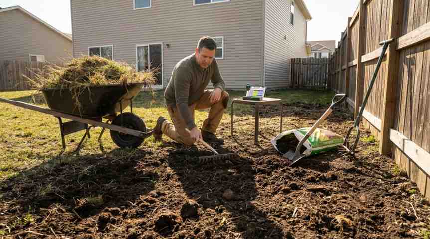Soil preparation steps demonstrating how to plant bermuda grass from seed including debris removal, pH testing, aeration, compost mixing, and leveling.