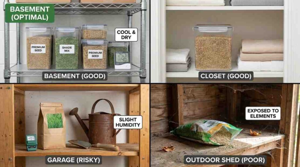 How to Store Grass Seed Over Winter storage location comparison showing basement, indoor closet, garage, and outdoor shed seed storage conditions.