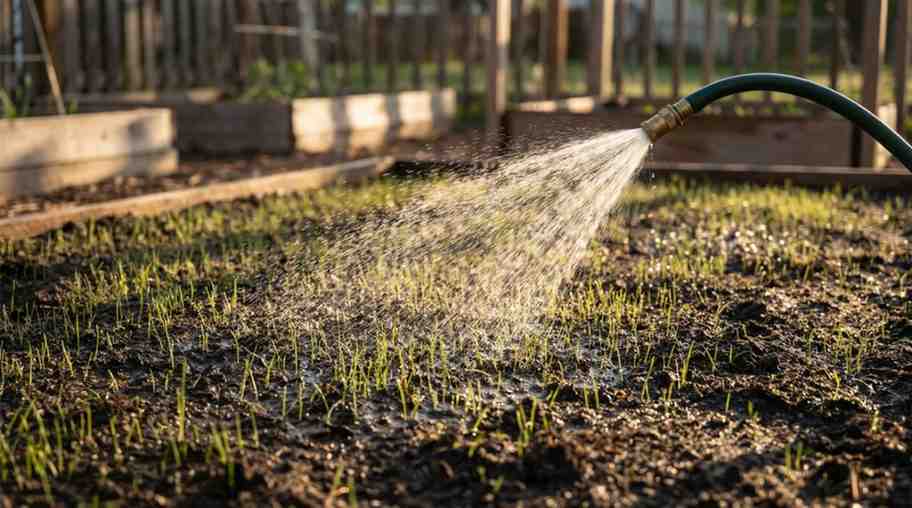 Light watering on newly seeded lawn with thin green sprouts emerging from moist soil during early germination stage.