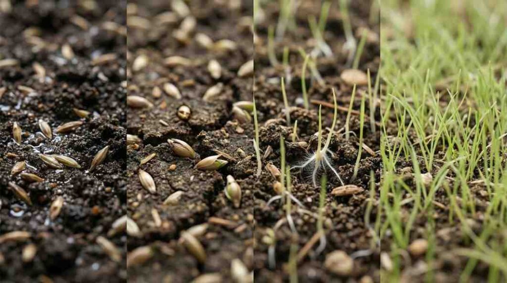 How to Tell If Grass Seed Is Germinating showing early timeline stages from seed swelling to thin green shoots in moist soil.