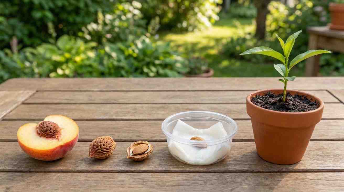 How do you get a peach seed to grow shown through stratification, planting, and peach seedling sprouting in soil.