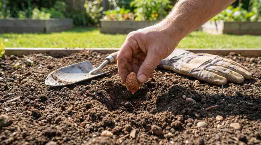 Planting stratified peach seed 1–3 inches deep in well-drained soil under full sun to support even growth.