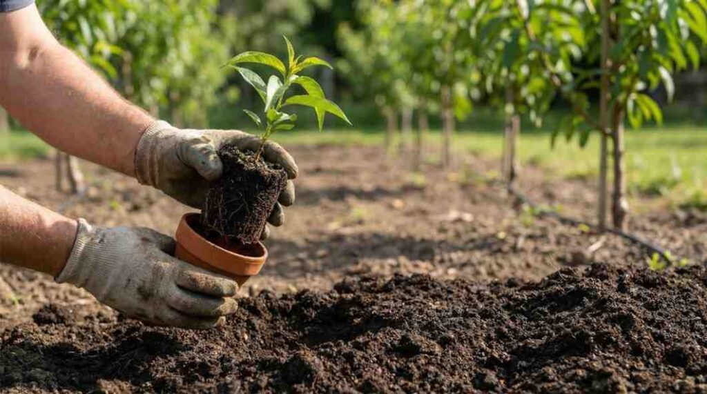 Peach seedling transplanting into garden soil with proper spacing for long-term tree growth.