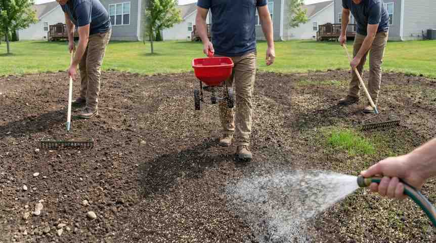 Step-by-step process showing how long does bermuda seed take to grow from soil preparation to watering and early germination.