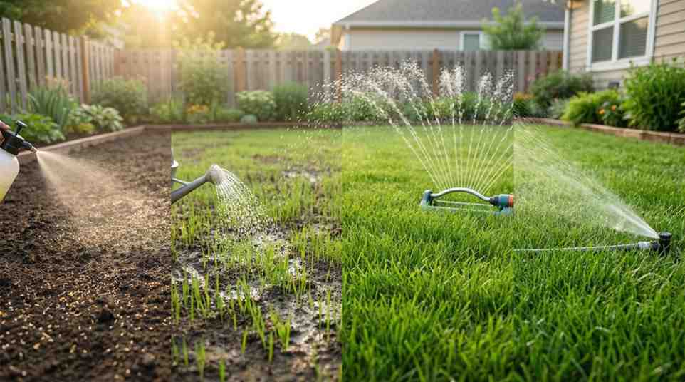 Complete timeline showing how often to water fescue seed from germination to mature lawn with proper watering depth.