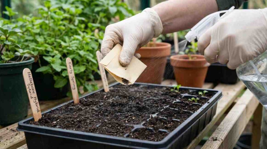 Gardener planting hellebore seeds in moist soil tray showing tips for better germination while learning how to grow hellebores from seed at home.