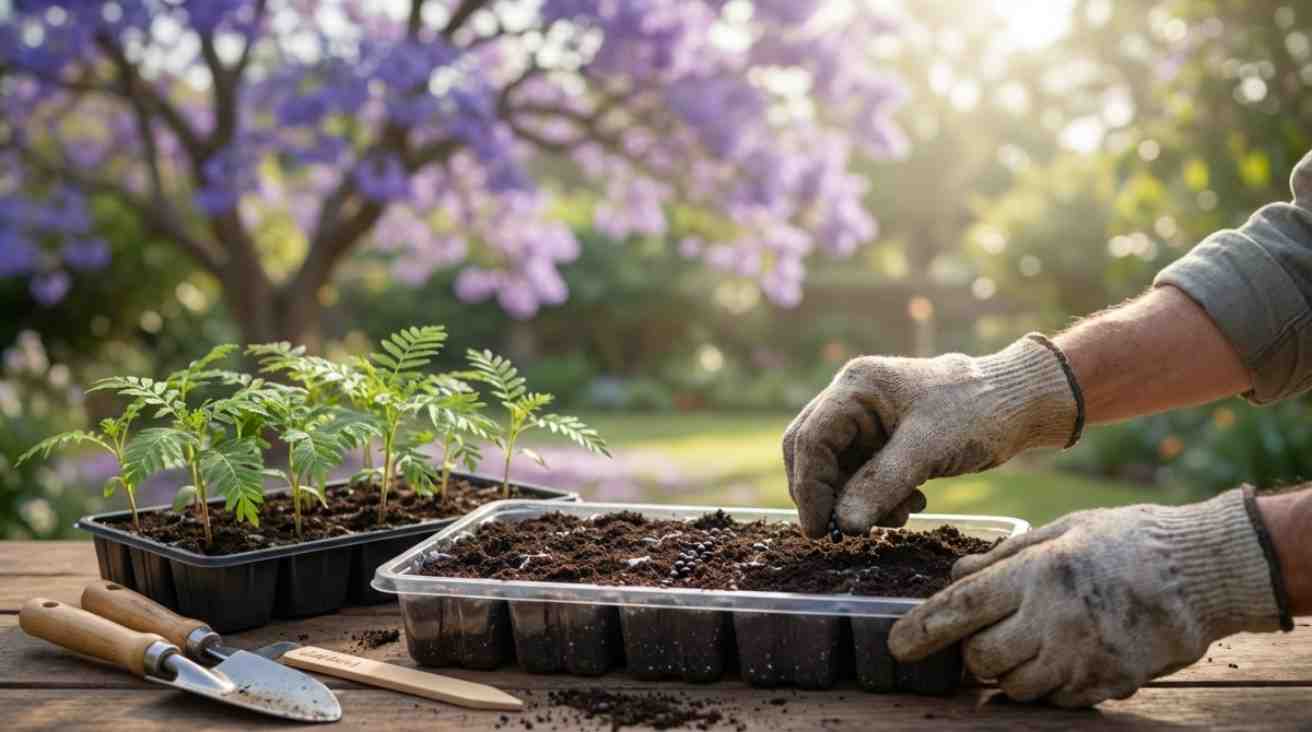 how to grow jacaranda from seed by planting jacaranda seeds in a soil tray with young jacaranda seedlings growing in a garden.