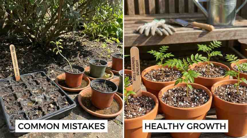 common mistakes when growing jacaranda from seed such as deep planting, overwatering seedlings, poor soil drainage and lack of sunlight.