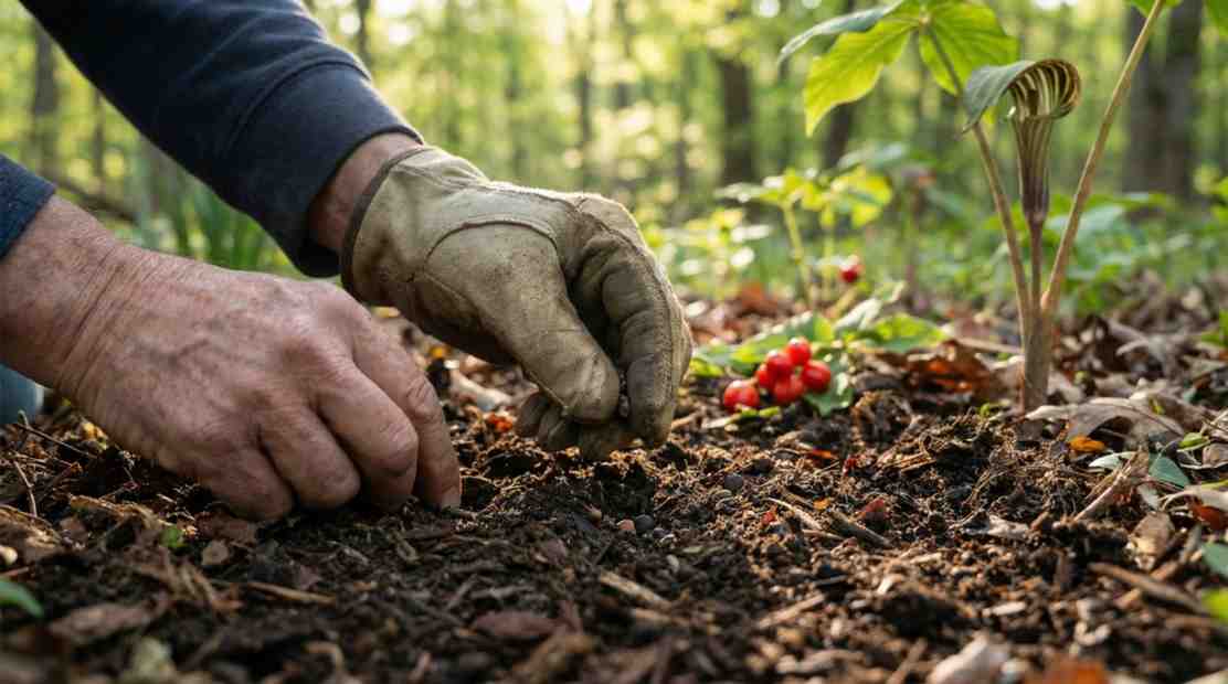 How to grow jack in the pulpit from seed by planting Arisaema triphyllum seeds in moist woodland soil.