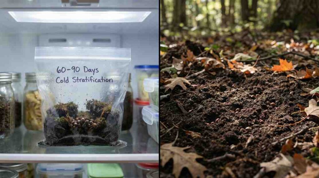 Cold stratification process for Jack in the Pulpit seeds showing indoor refrigeration method and outdoor fall sowing in woodland soil.