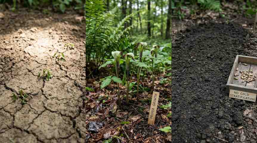 Common mistakes when growing Jack in the Pulpit from seed including dry soil, deep planting, and lack of cold stratification.
