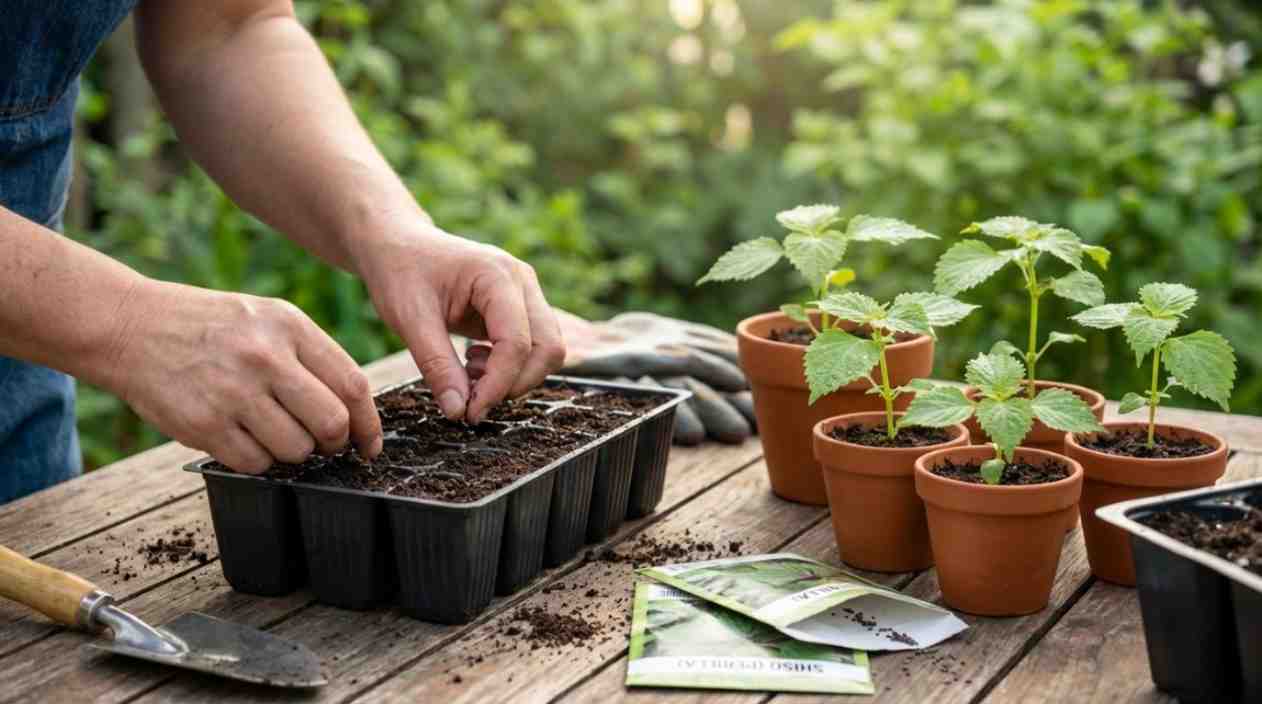 how to grow shiso from seed by planting shiso seeds in seed trays with young perilla seedlings growing in natural garden soil.