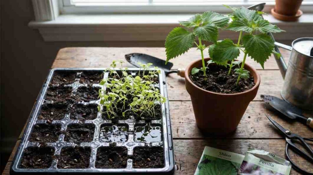 common mistakes when learning how to grow shiso from seed including deep planting, overcrowded seedlings, excess watering, and low sunlight conditions.