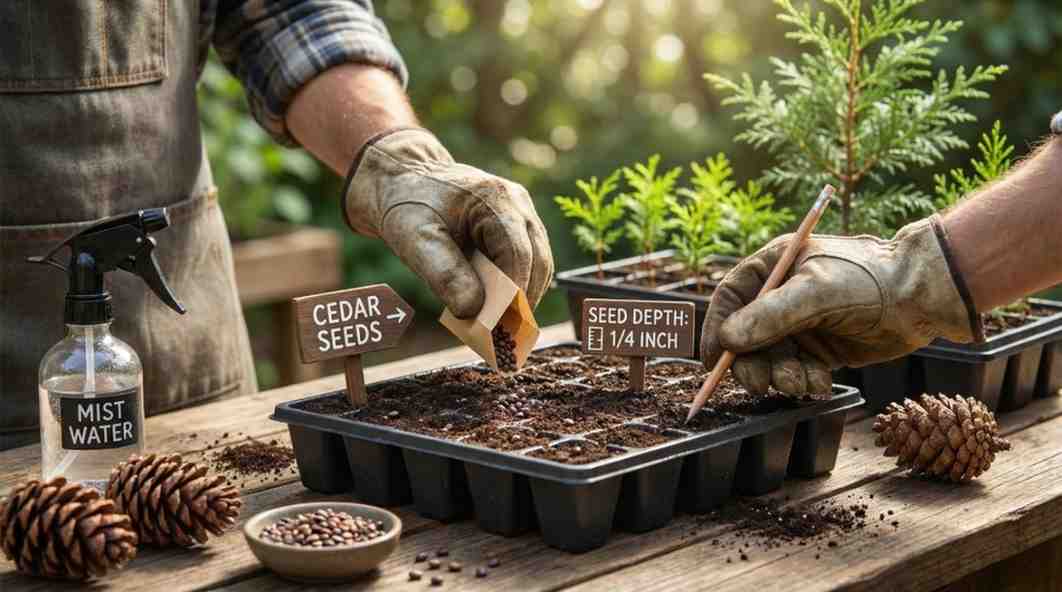 how to plant cedar seeds step by step showing seed planting, soil preparation and healthy cedar seedlings growth.