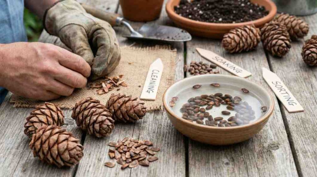 preparing cedar seeds before planting showing cleaning soaking and seed viability steps for how to plant cedar seeds.