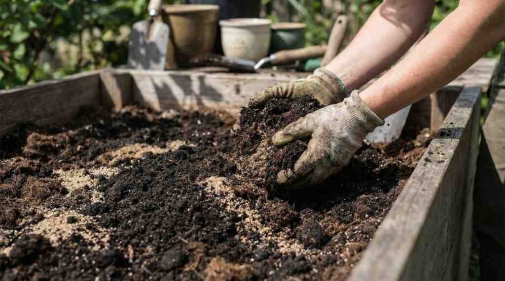 Ideal soil mix for cedar seeds showing loose structure, sand, compost, and well-drained garden soil for healthy seedling growth.