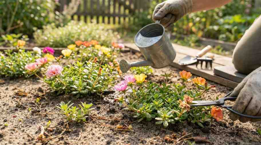 care after planting moss rose seeds including watering pruning and fertilizing plants.