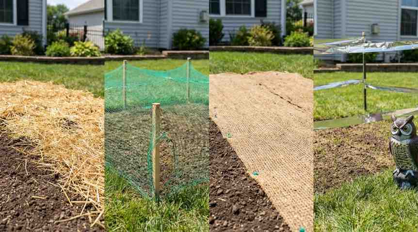 Comparison of lawn protection methods demonstrating how to protect grass seeds from birds using mulch, netting, seed mats, and visual deterrents.
