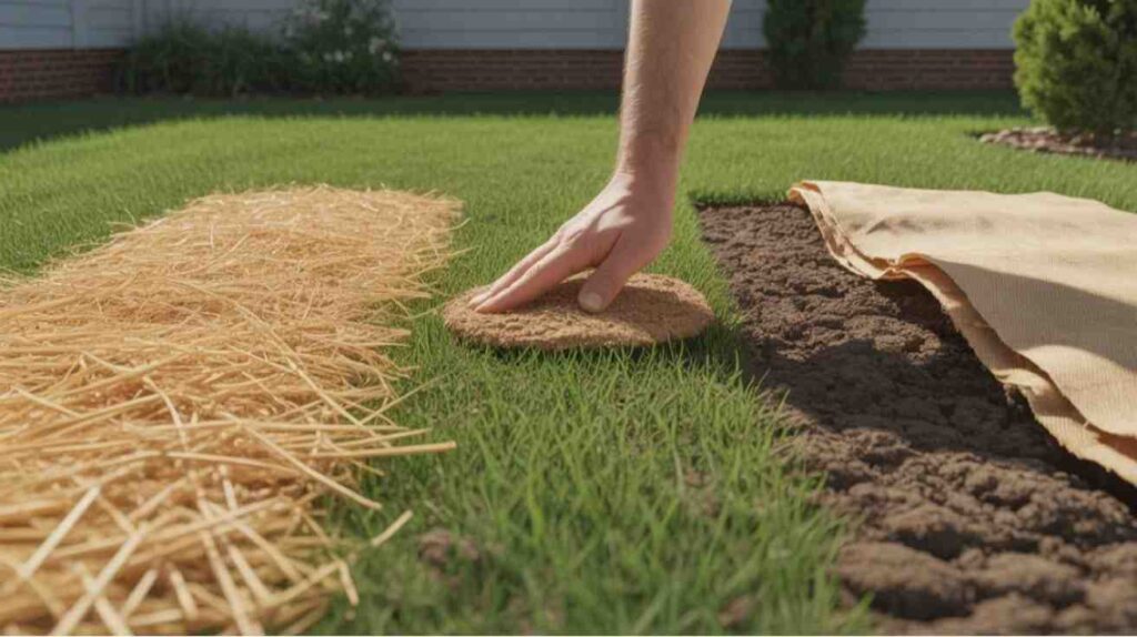 Different methods demonstrating how to protect grass seeds from birds using straw mulch, compost top dressing, and burlap seed blankets.